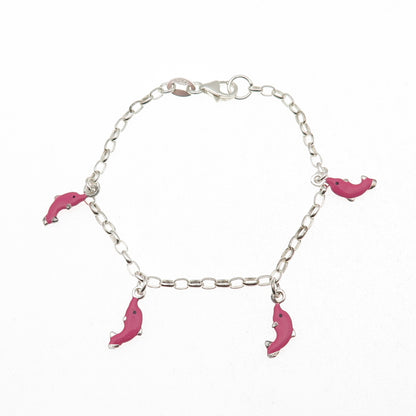 925 Sterling Silver Enamel Dolphin Dangle Charm Cable Link Bracelet 6"