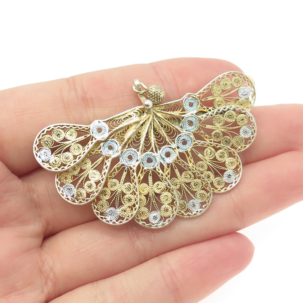 800 Silver Vintage Gold Plated Enamel Filigree Peacock Fan Pin Brooch