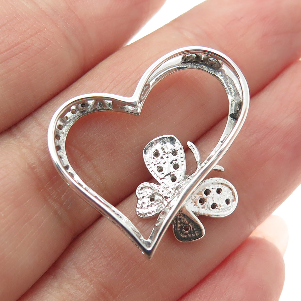 925 Sterling Silver Real Round-Cut Diamond Butterfly Heart Slide Pendant