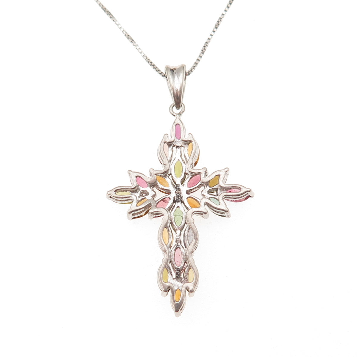 925 Sterling Silver Real Multi-Color Tourmaline Cross Box Chain Necklace 18"