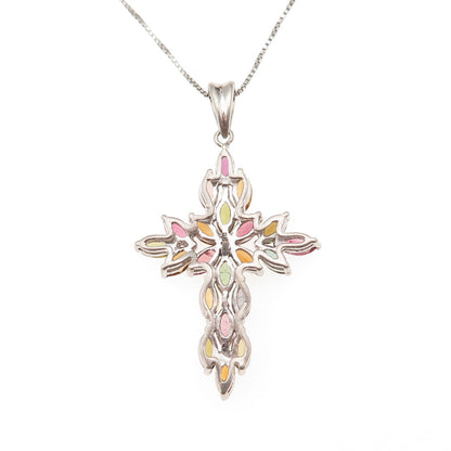 925 Sterling Silver Real Multi-Color Tourmaline Cross Box Chain Necklace 18"