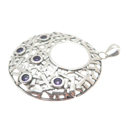 OR PAZ 925 Sterling Silver Vintage Israel Amethyst Ornate Crescent Disc Pendant