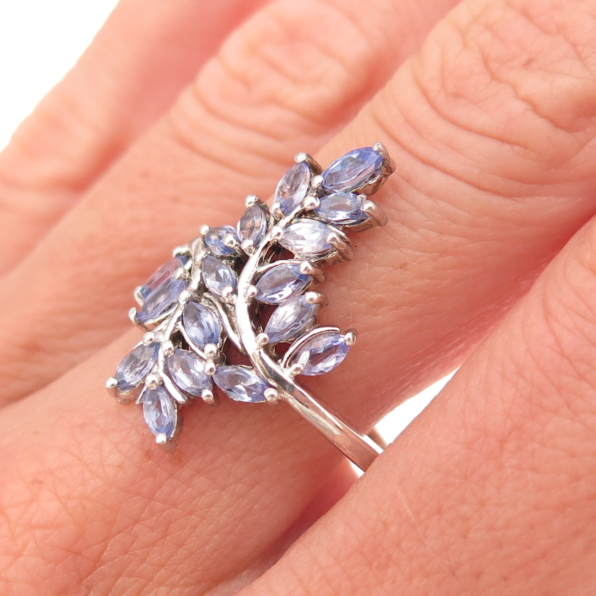 Chuck Clemency Sterling Silver Real Marquise-Cut Tanzanite Floral Ring Size 8