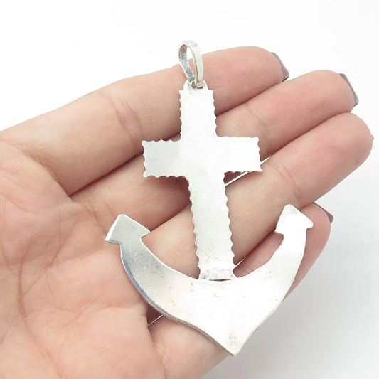925 Sterling Silver Vintage Emerald-Color Glass Anchor Large Pendant