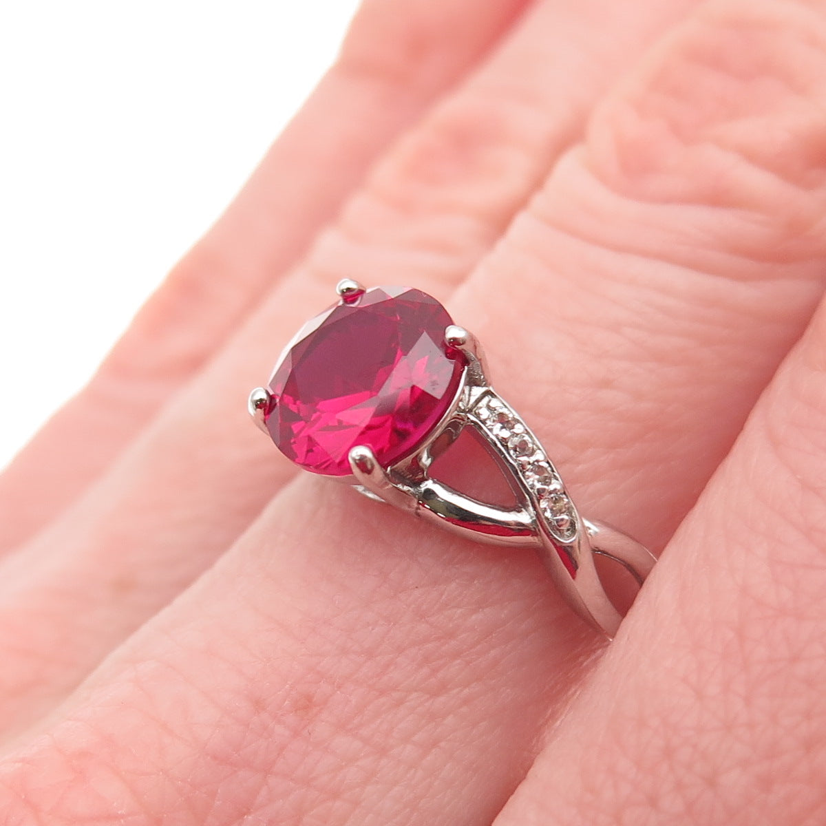 925 Sterling Silver Round-Cut Lab-Created Ruby & Real White Topaz Ring Size 7