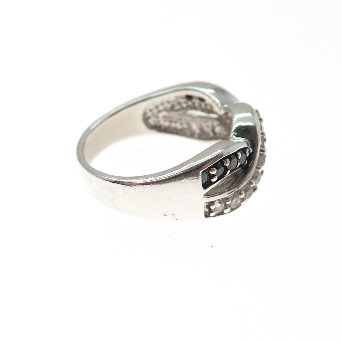 925 Sterling Silver Real Black Spinel & C Z Twisted Infinity Ring Size 6.25