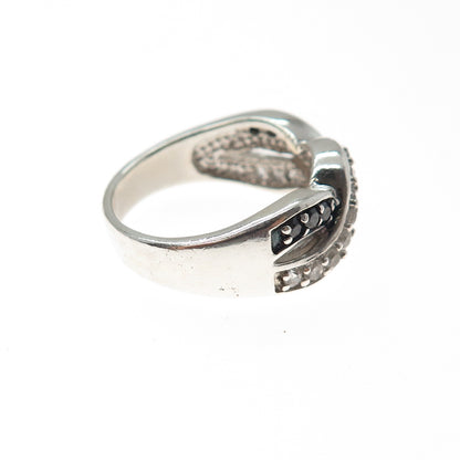 925 Sterling Silver Real Black Spinel & C Z Twisted Infinity Ring Size 6.25