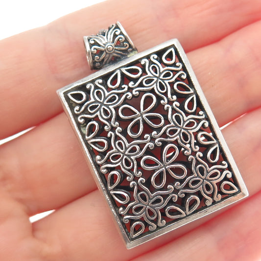 925 Sterling Silver Vintage Flower Ornate Oxidized Pendant