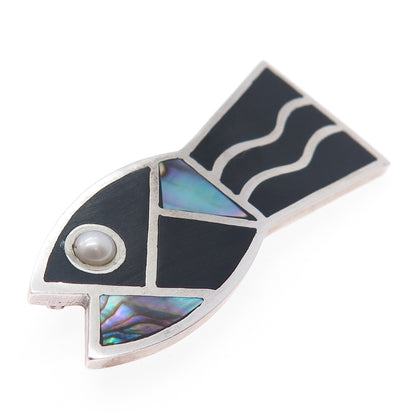 925 Sterling Silver Vintage Real Abalone Shell & Pearl Fish Pin Brooch