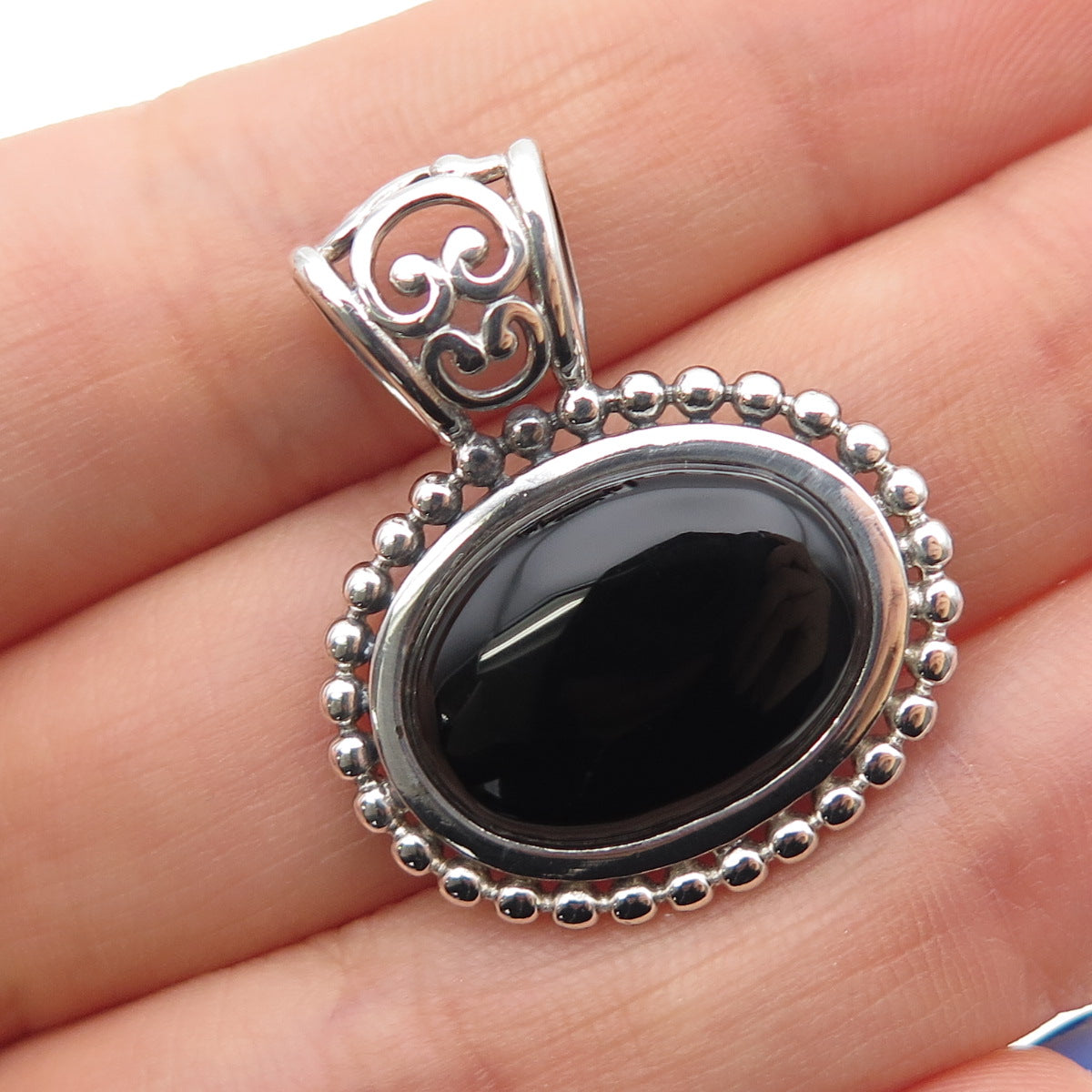 NEVADA 925 Sterling Silver Vintage Real Black Onyx Oxidized Charm Pendant