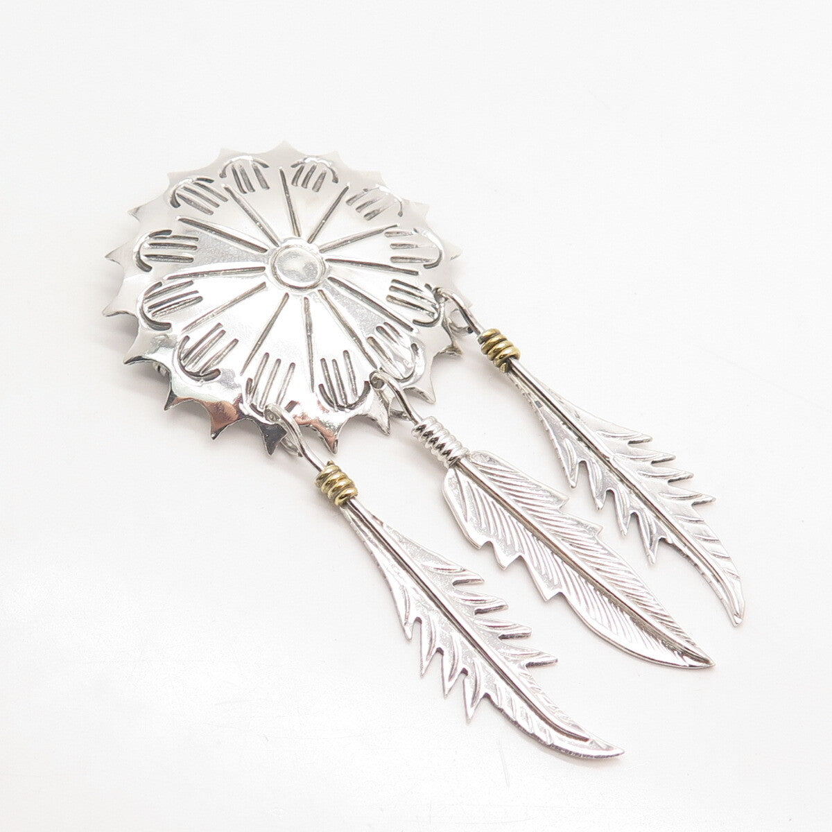 925 Sterling Silver 2-Tone Vintage Mexico Concho Feather Pin Brooch