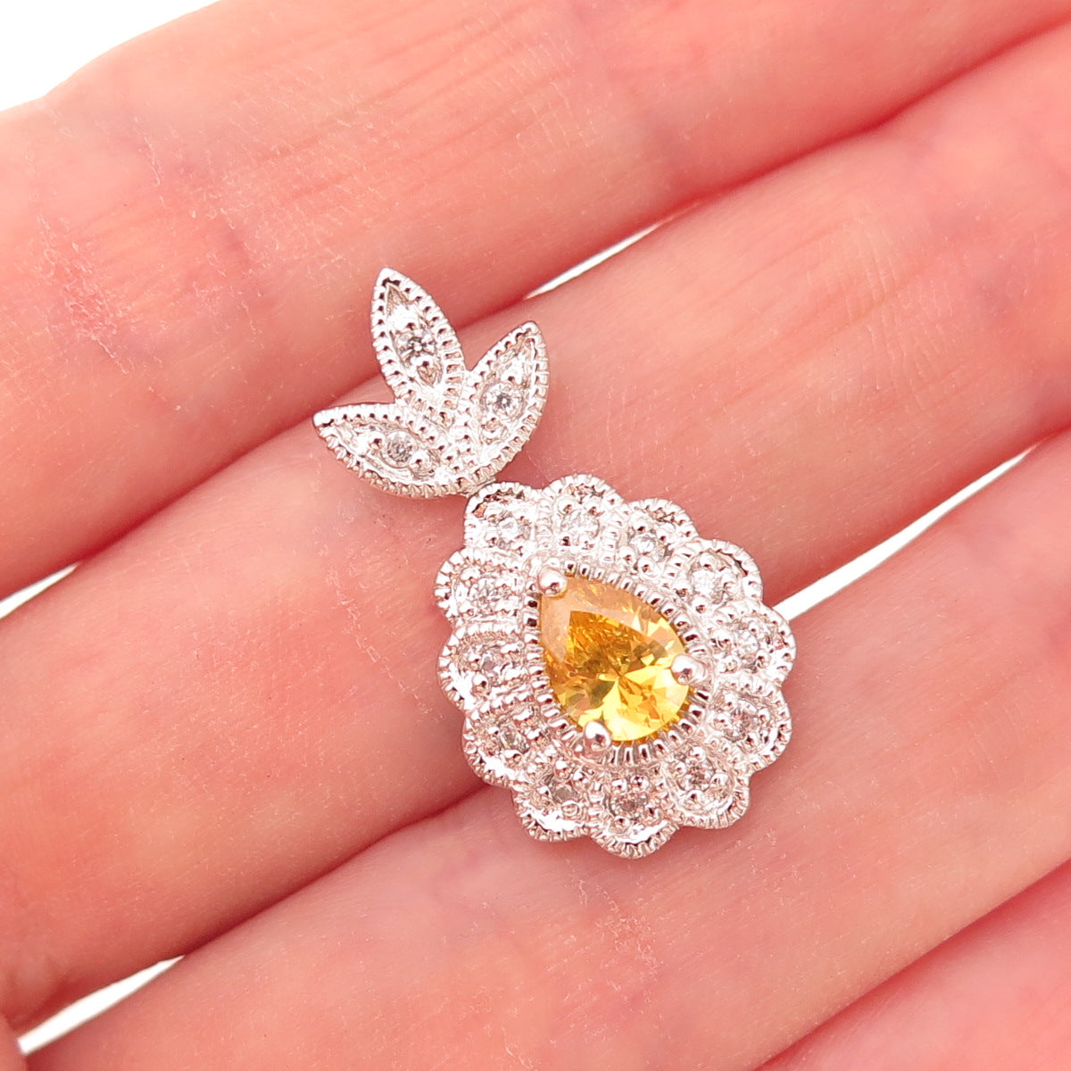 925 Sterling Silver Canary & White C Z Floral Teardrop Slide Charm Pendant