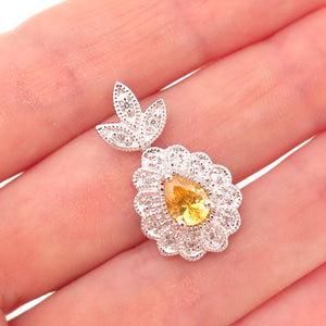925 Sterling Silver Canary & White C Z Floral Teardrop Slide Charm Pendant