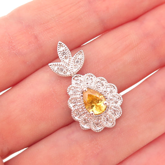 925 Sterling Silver Canary & White C Z Floral Teardrop Slide Charm Pendant