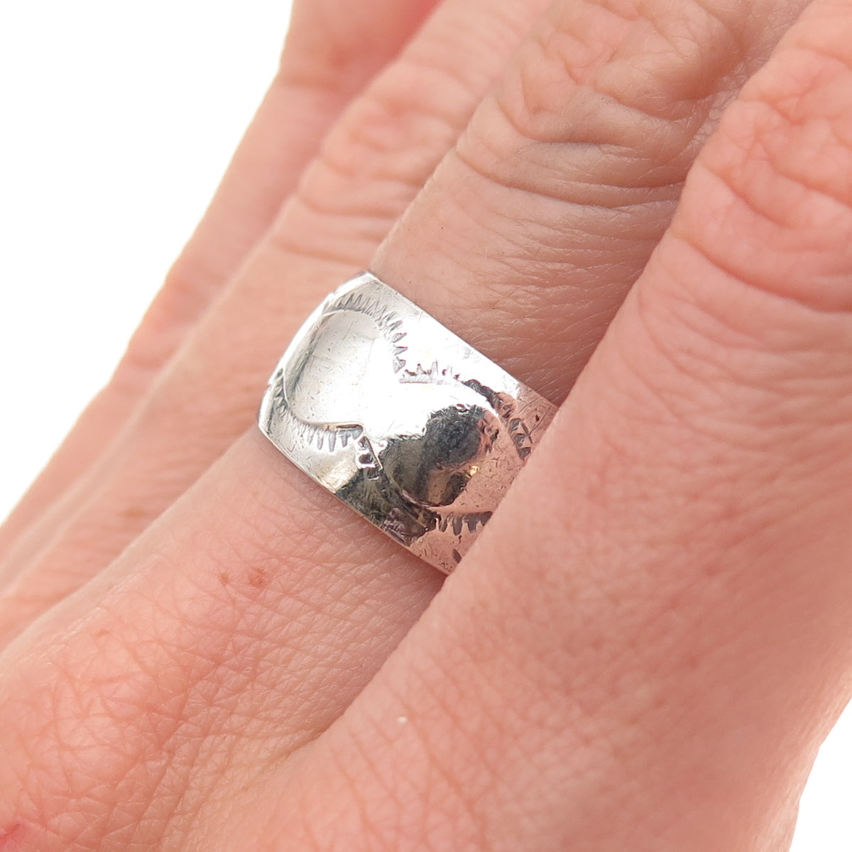 Old Pawn 925 Sterling Silver Vintage Southwestern Tribal Wide Band Ring Size 8.5