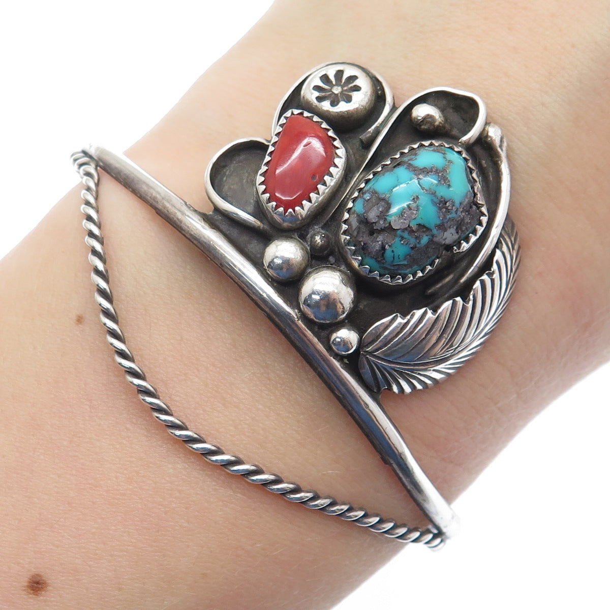 MELISSA YAZZIE Old Pawn 925 Sterling Turquoise & Coral Adjustable Bracelet 6.75"