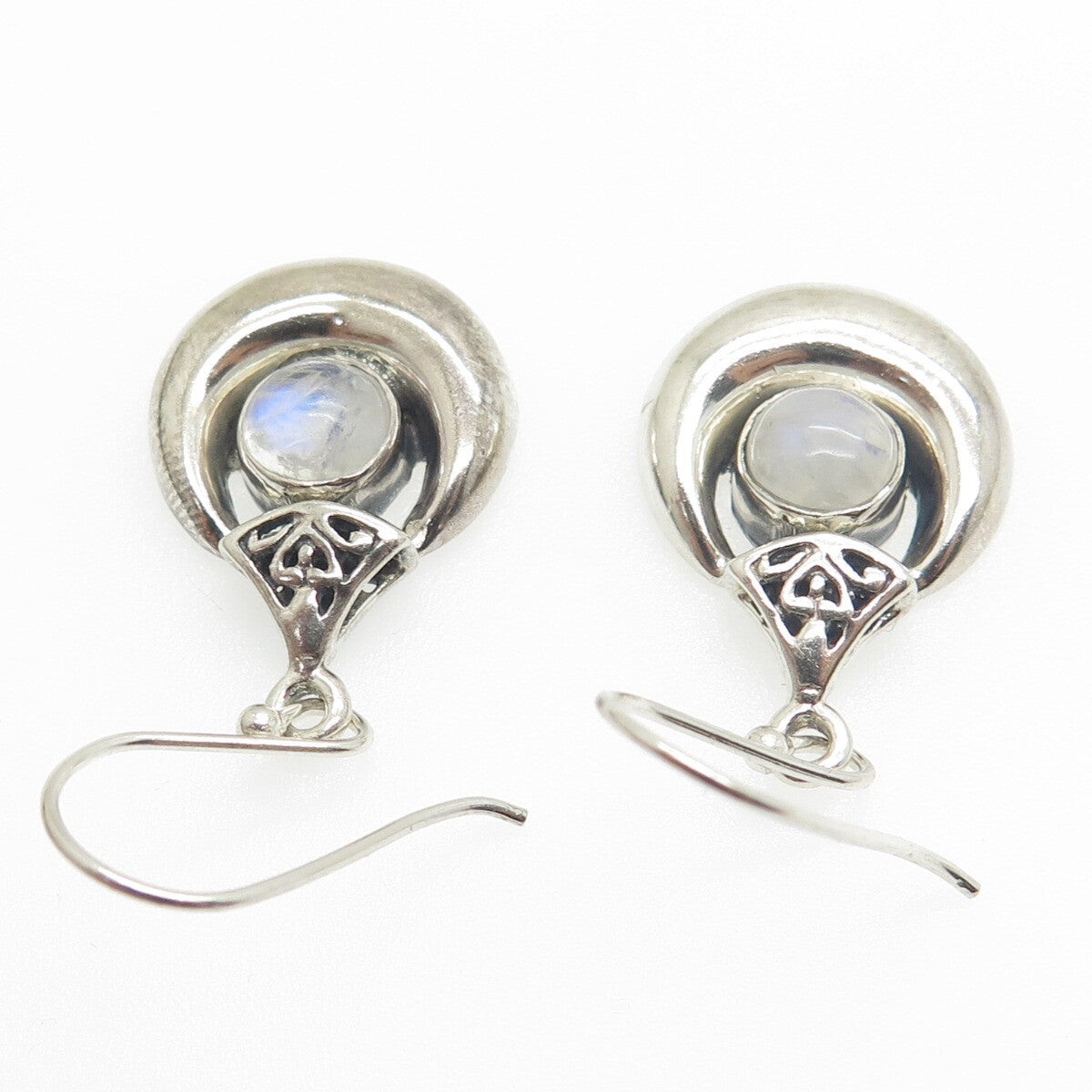 925 Sterling Silver Vintage Real Moonstone Crescent Teardrop Dangle Earrings