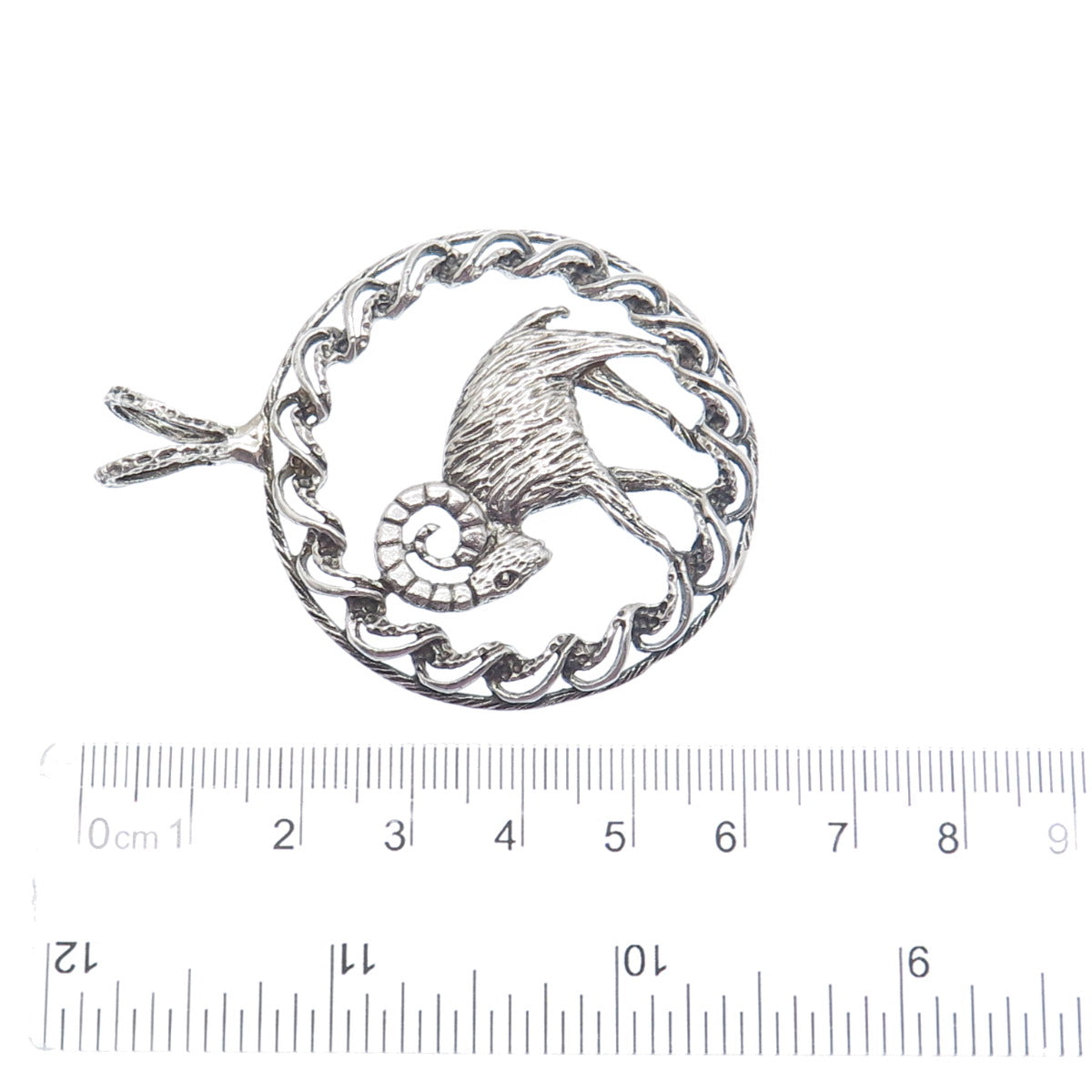 925 Sterling Silver Vintage Aries Zodiac Sign Oxidized Pendant