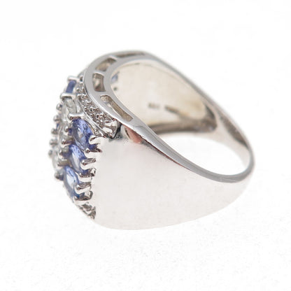 925 Sterling Silver Real Oval-Cut Tanzanite & White Topaz Cluster Ring Size 8