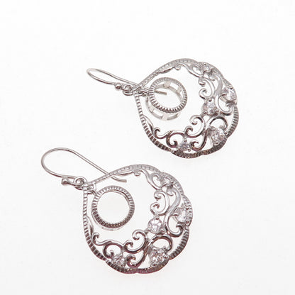 925 Sterling Silver Real White Topaz Ornate Crescent Dangle Earrings