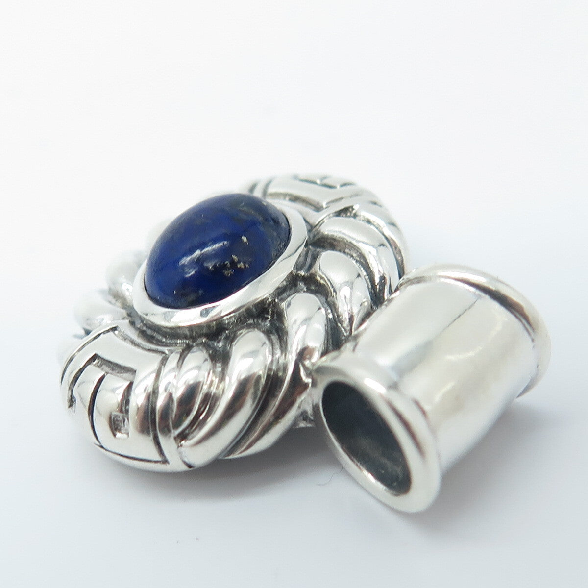 925 Sterling Silver Vintage Real Lapis Lazuli Gemstone Ribbed Slide Pendant