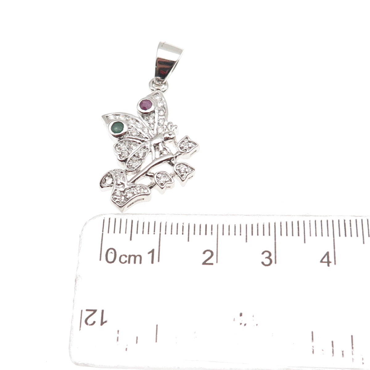 925 Sterling Silver Real Round-Cut Emerald Ruby & C Z Butterfly Charm Pendant