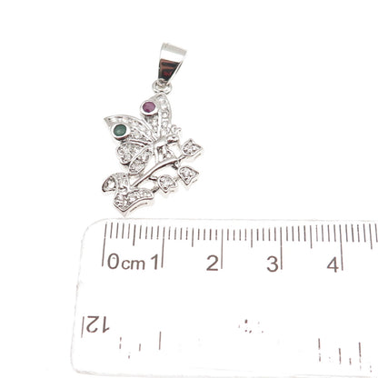 925 Sterling Silver Real Round-Cut Emerald Ruby & C Z Butterfly Charm Pendant