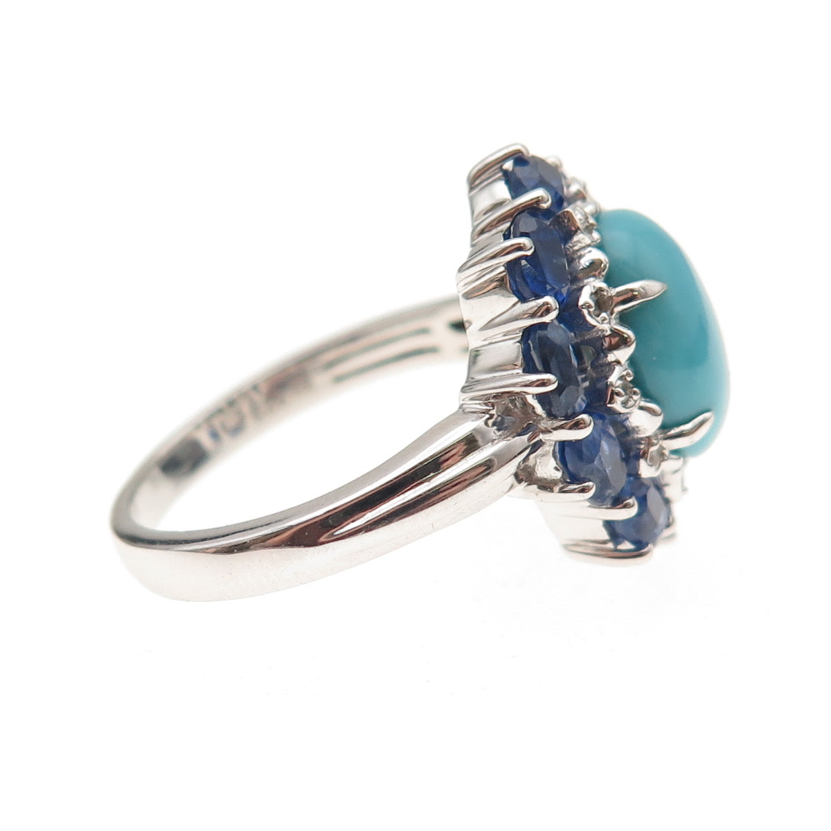 925 Sterling Silver Real Diamond Turquoise & Sapphire Ring Size 8.25