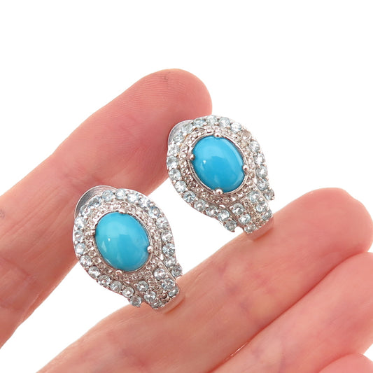 Chuck Clemency Sterling Real Turquoise Blue & White Topaz Omega Back Earrings