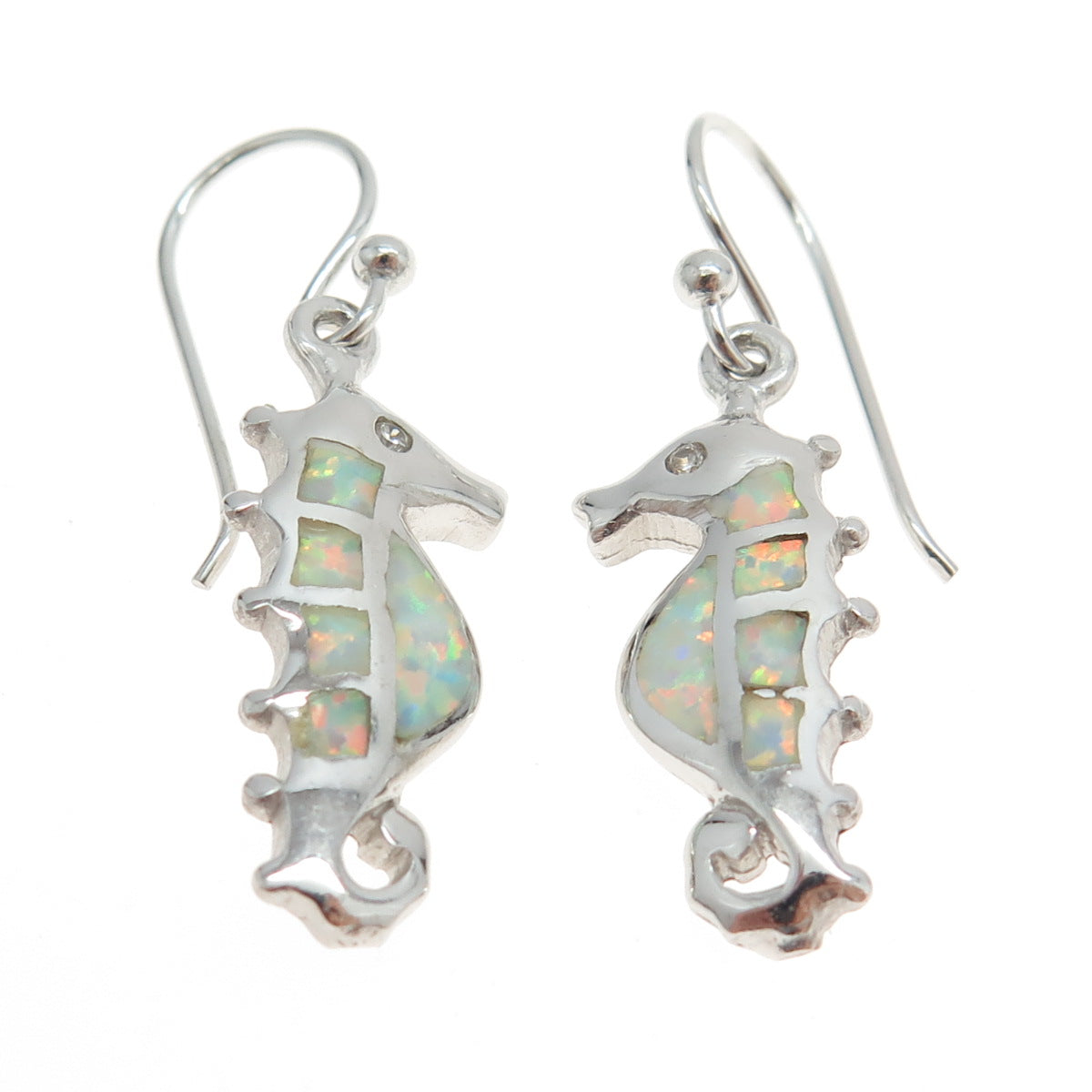 925 Sterling Silver Real Opal & C Z Seahorse Dangling Earrings