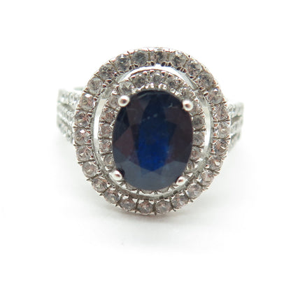 925 Sterling Silver Real White Topaz & Sapphire Gemstone Ring Size 6.25