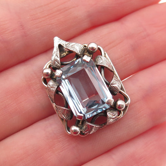 925 Sterling Silver Antique Art Deco Real Emerald-Cut Blue Topaz Charm Pendant