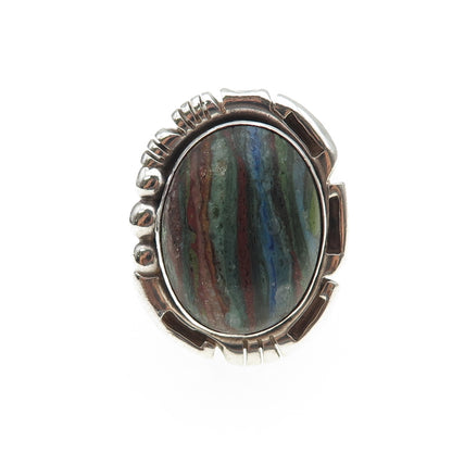 E. Jackson Old Pawn 925 Sterling Silver Vintage Rainbow Calsilica Ring Size 9.75