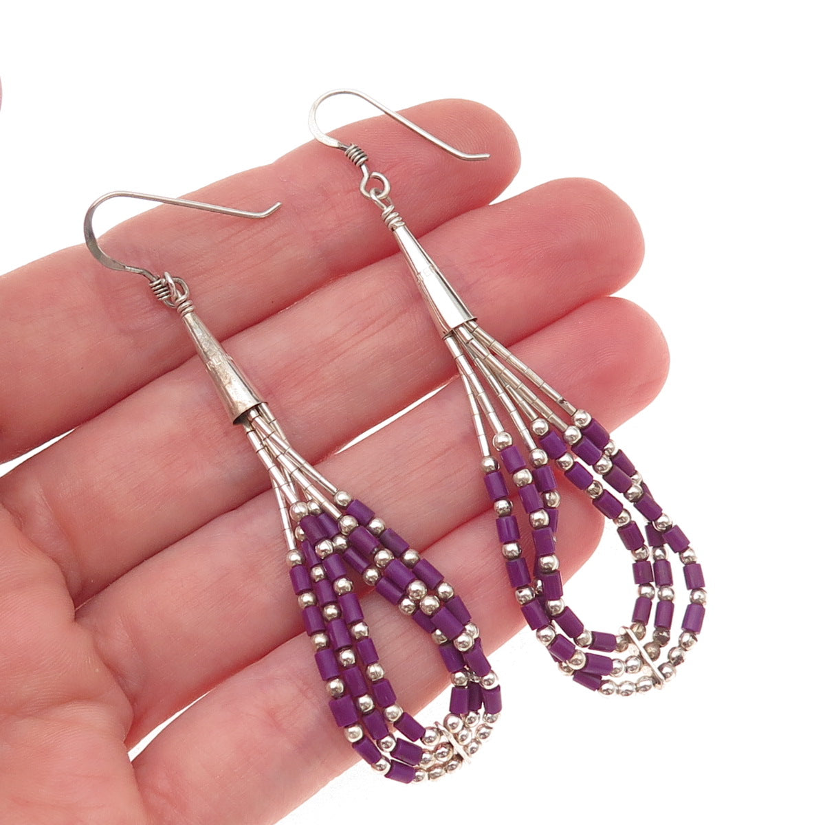 Old Pawn Sterling Silver Vintage Sugilite Liquid Chain Tribal Dangle Earrings