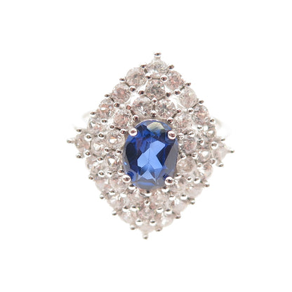 925 Sterling Silver Vintage Real Sapphire & White Topaz Ring Size 8.25
