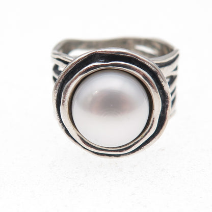 925 Sterling Silver Vintage Israel Real Pearl Modernist Oxidized Ring Size 7