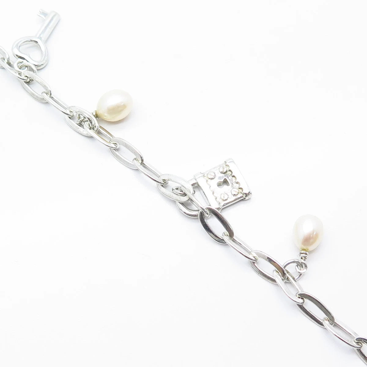 925 Sterling Silver Vintage Real Pearl Lock & Key Oval Link Bracelet 6.75"