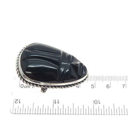 925 Sterling Silver Vintage Real Black Onyx Aztec God Face Oxidized Pin Brooch