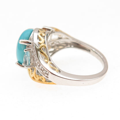 925 Sterling 2-Tone Sleeping Beauty Turquoise Blue & White Topaz Ring Size 8.25