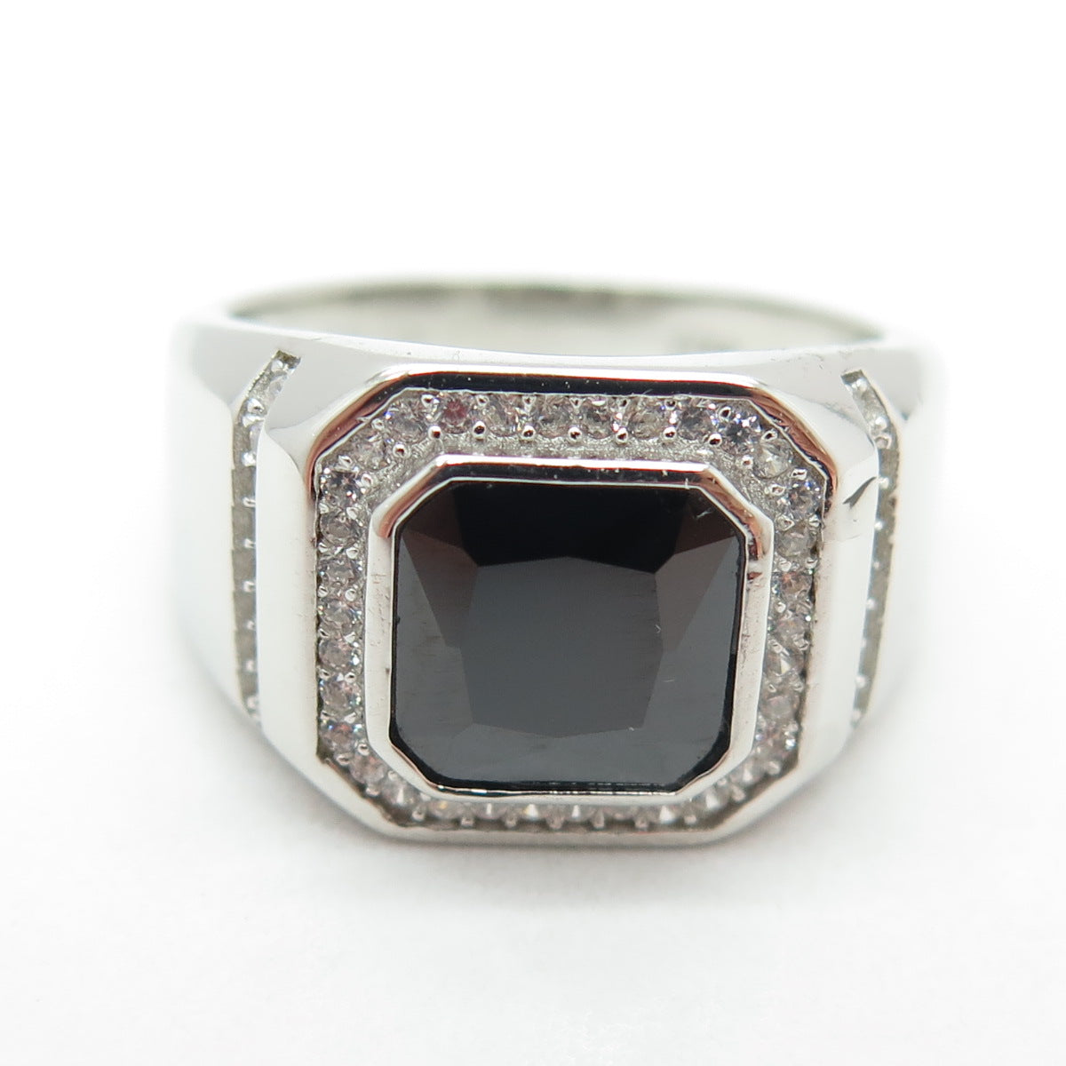 925 Sterling Silver Radiant-Cut Black & Round White C Z Ring Size 8.25