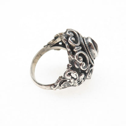 835 Silver Antique Art Deco Austria Real Red Garnet Floral Oxidized Ring Size 7