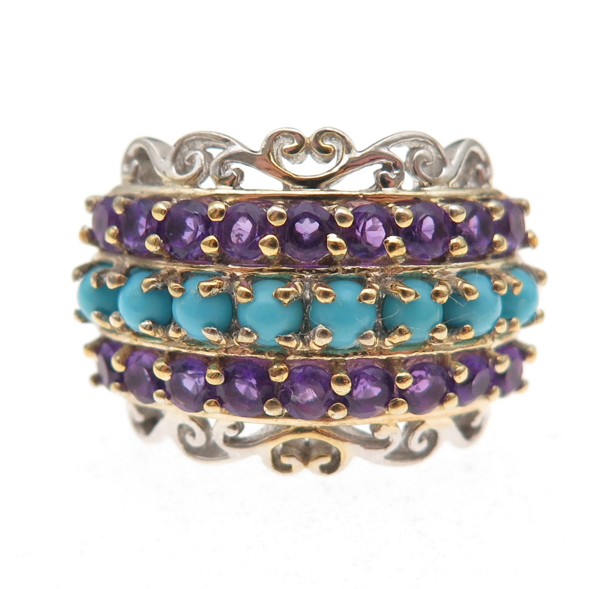 Chuck Clemency 925 Sterling Silver 2-Tone Real Turquoise Amethyst Ring Size 7.25