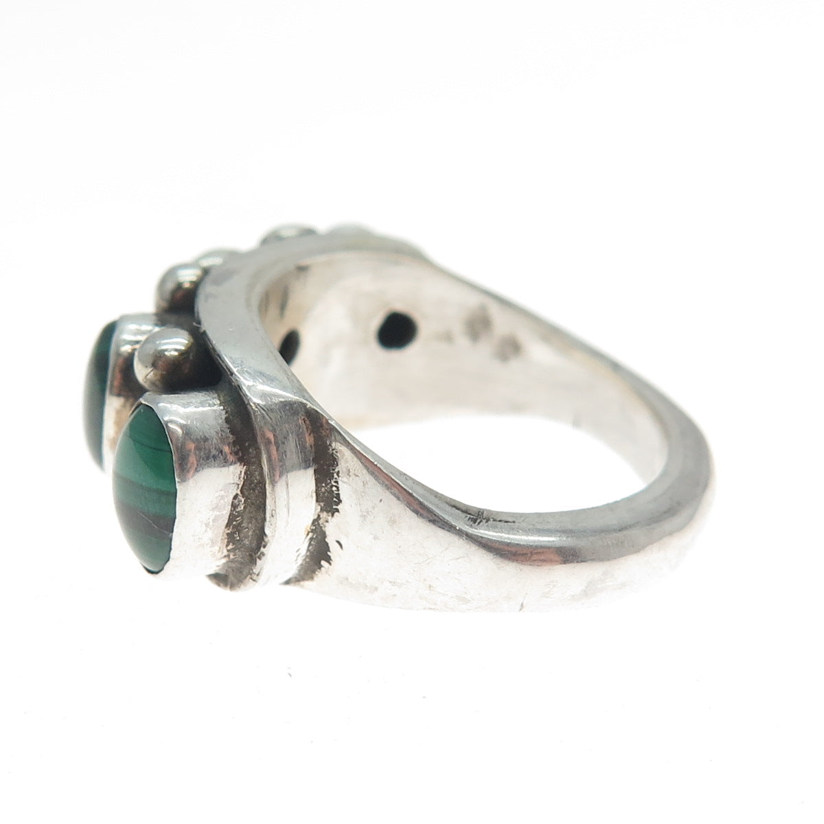 925 Sterling Silver Vintage Real Malachite Beaded Oxidized Ring Size 6