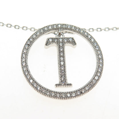 925 Sterling Silver Round-Cut C Z Letter "T" Initial Cable Chain Necklace 16-18"