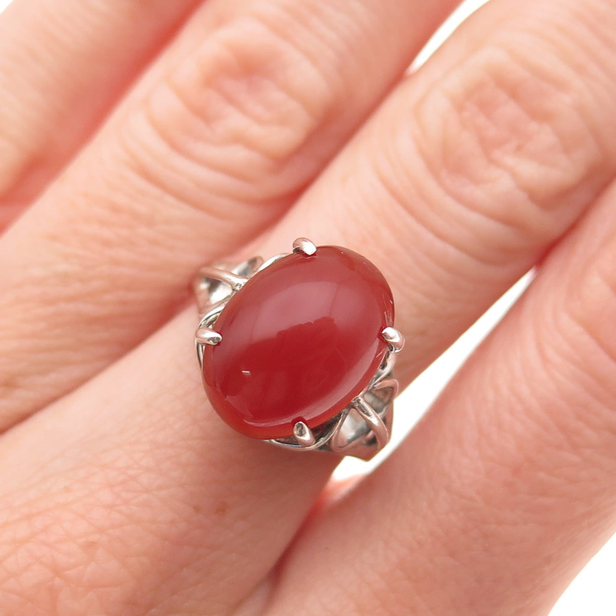925 Sterling Silver Vintage Real Carnelian Modernist Oxidized Ring Size 6.25