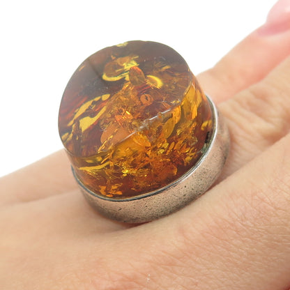 925 Sterling Silver Vintage Real Amber Modernist Ring Size 6.75