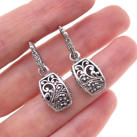 Sarda 925 Sterling Silver Vintage Floral Scroll Oxidized Dangle Earrings