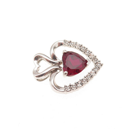 925 Sterling Silver Real Diamond & Lab-Created Ruby Heart Charm Pendant