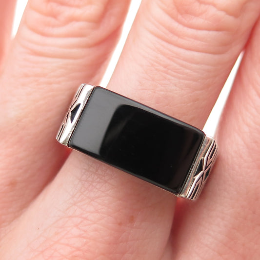 925 Sterling Silver Vintage Real Black Onyx Ornate Oxidized Ring Size 10