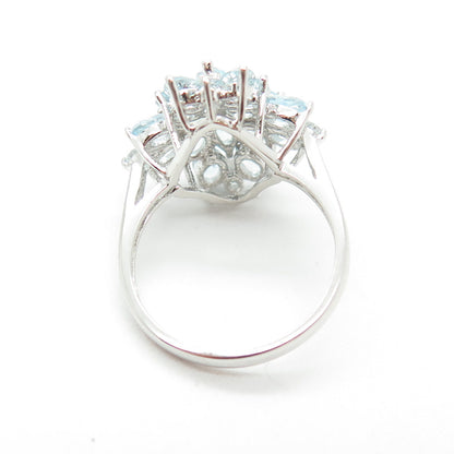 925 Sterling Silver Real Oval & Round-Cut Blue Topaz Cluster Ring Size 6.25